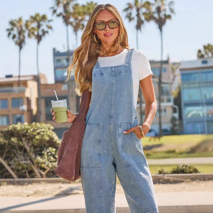 Dame løse denim jumpsuits med brede ben og praktiske lommer Skovae
