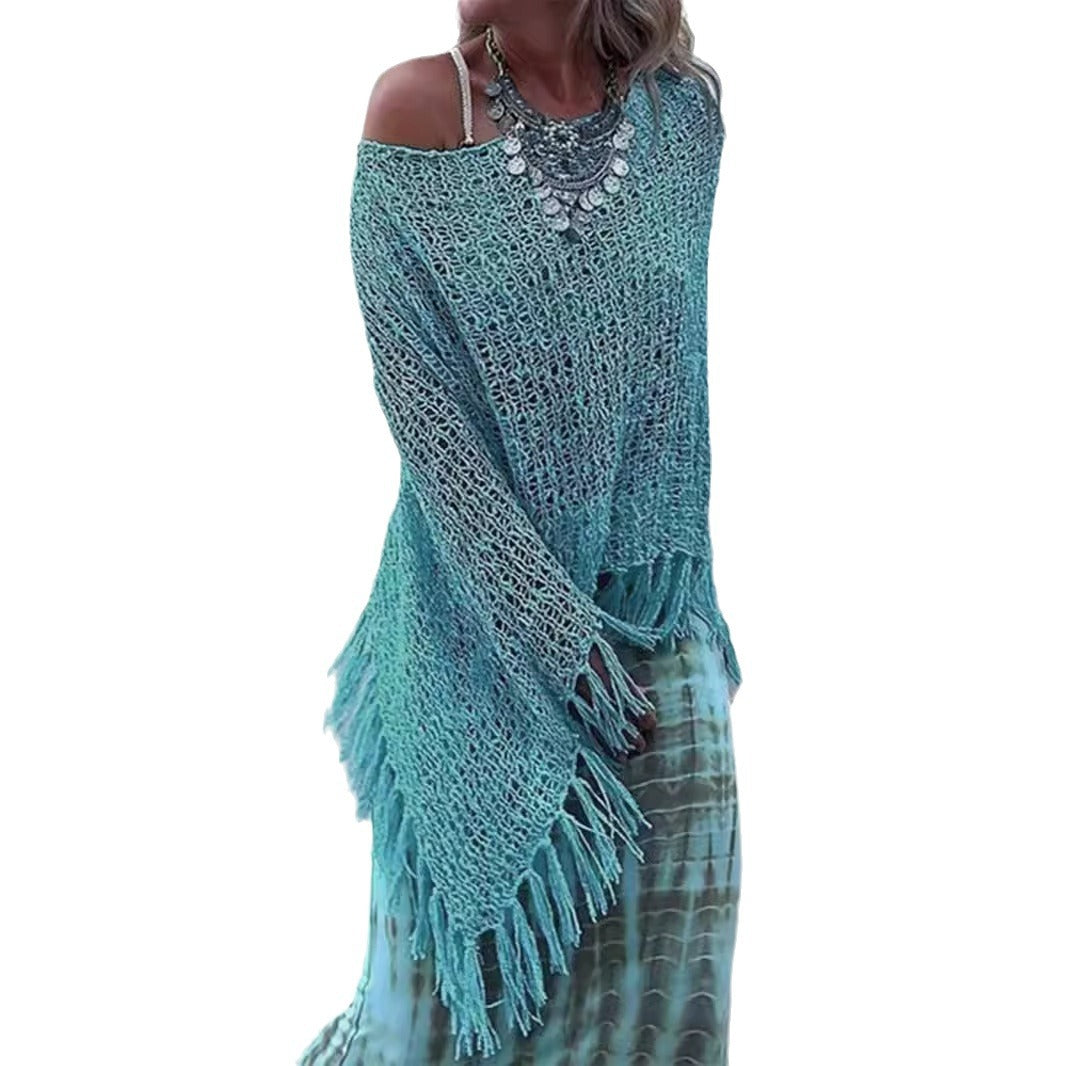 Dame luftig hæklede poncho med frynsedesign Stilla