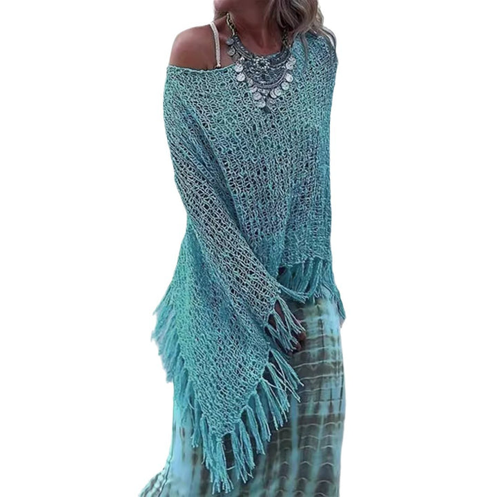 Dame luftig hæklede poncho med frynsedesign Stilla
