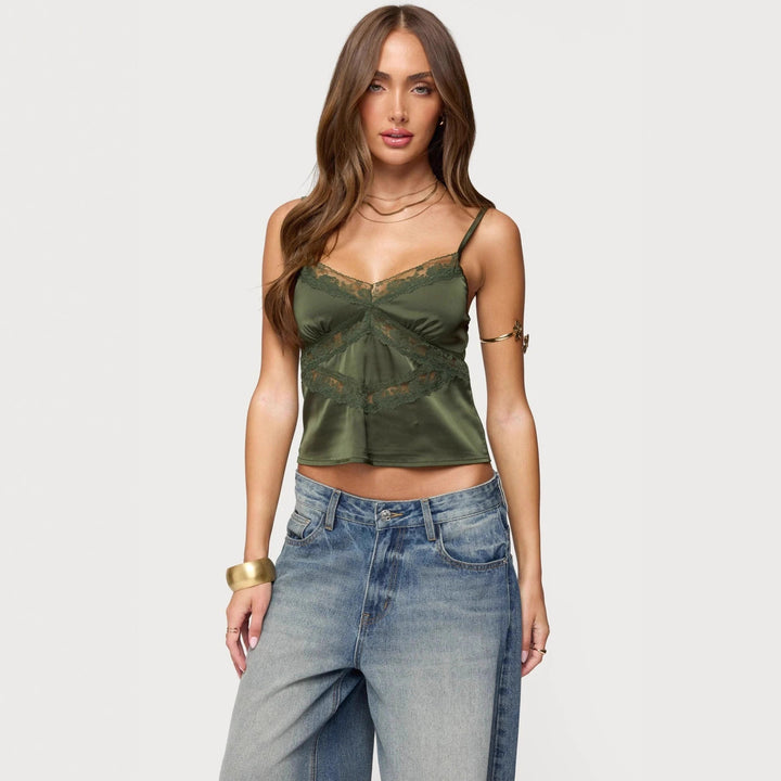 Damer Elegant Satin-Cami-Top med Spidsudsmykninger Skovae