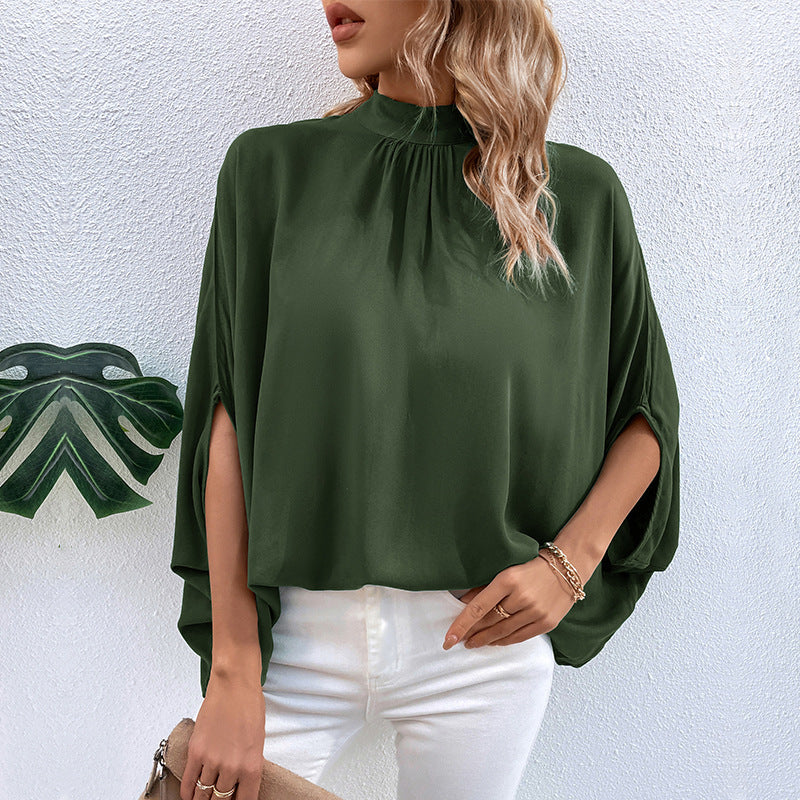 Dame top Elegant højkrave bluse med slids i siden Stilla
