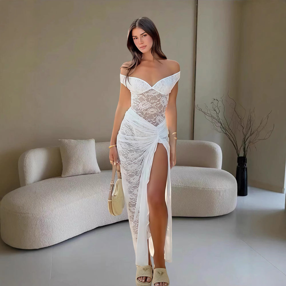 Dame Fantastisk blonde-maxikjole med off-shoulder design og forførende split Stilla