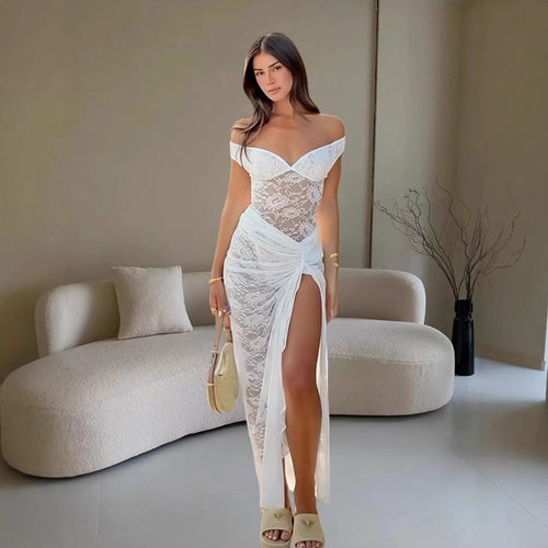 Dame Fantastisk blonde-maxikjole med off-shoulder design og forførende split Stilla