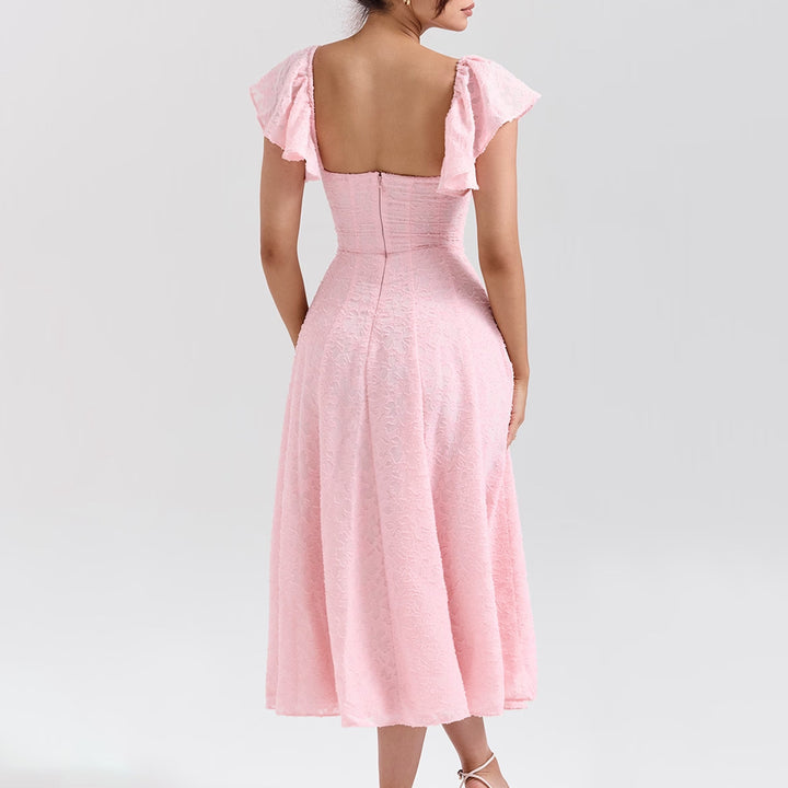 Dame Off-Shoulder Midikjole med flæsedetaljer og figursyet snit Skovae