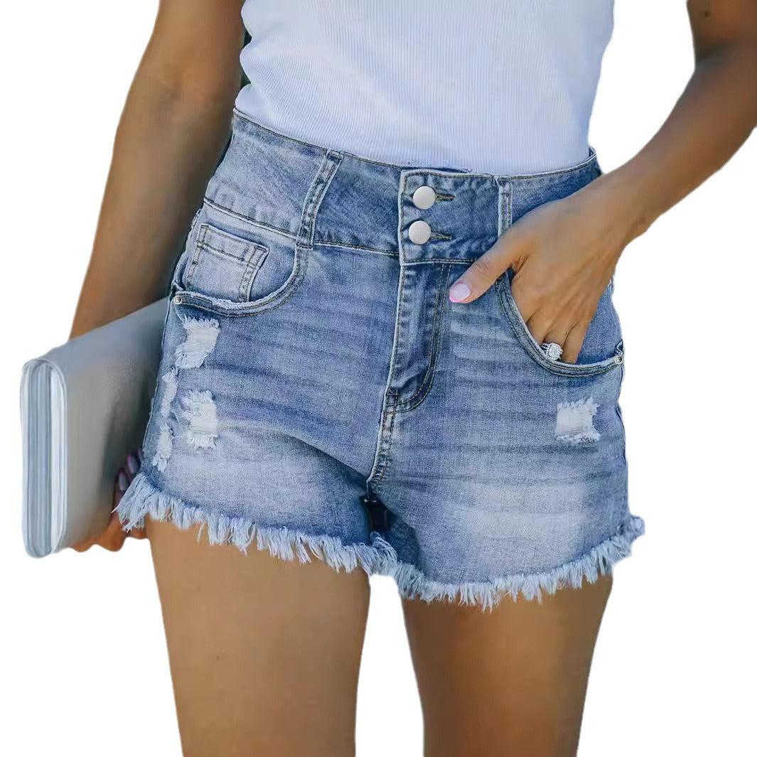 Dame høj talje destroyed jeansshorts med fransede kanter og praktiske lommer Stilla