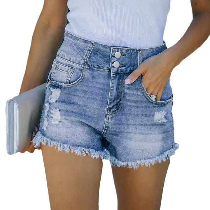 Dame høj talje destroyed jeansshorts med fransede kanter og praktiske lommer Stilla
