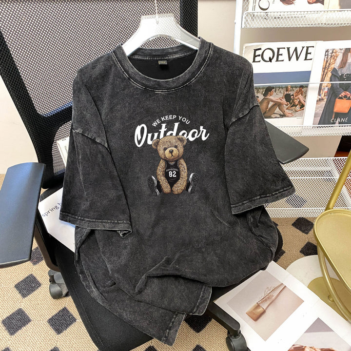 Dame T-shirt med kreativt teddy-motiv og afslappet oversized-snit Stilla