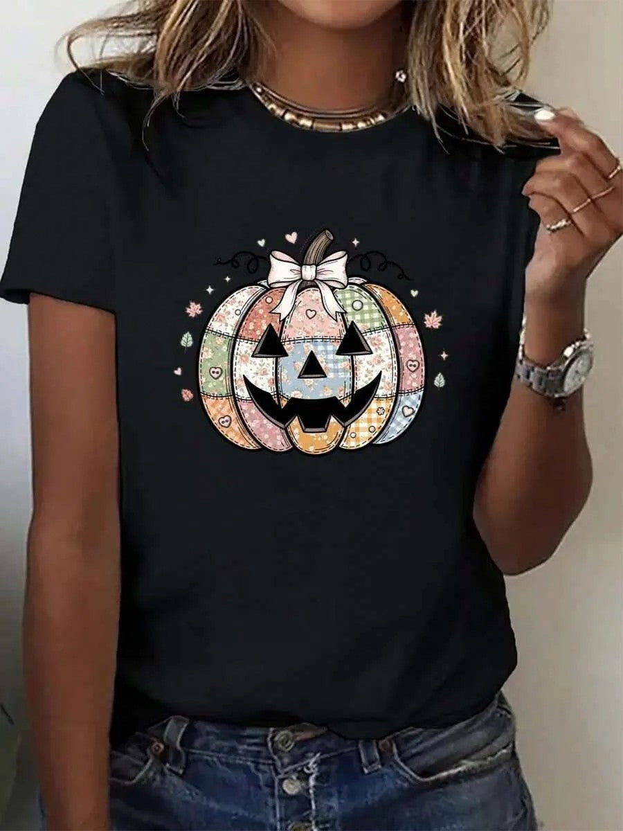Dame T-shirt med stilfuldt græskar-motiv og spændende dyreprint Skovae