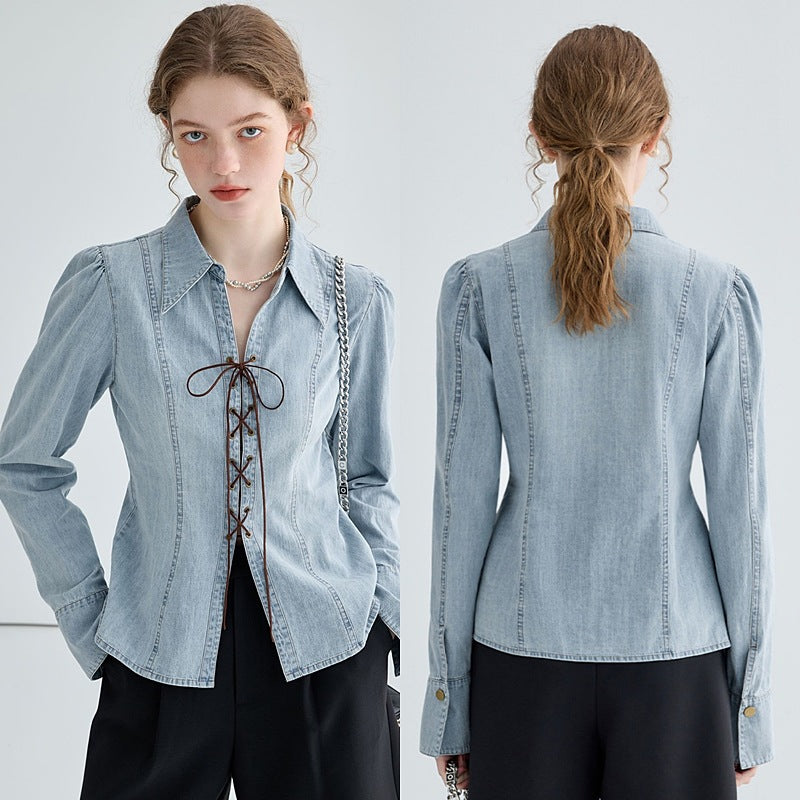 Damer Denim-bluse med moderne snørre-detalje og elegant silhuet Stilla
