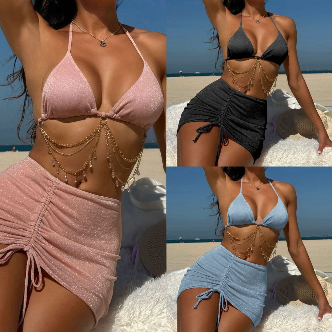 Dame Bikini-sæt med glamourøse kædeaccentuer og justerbar indpakningsskørt Stilla