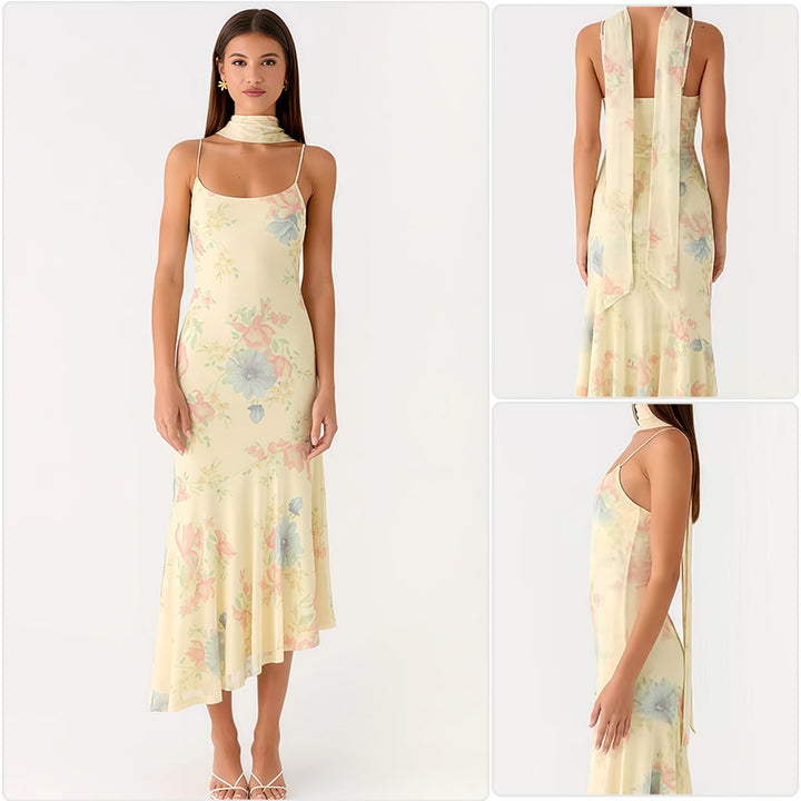 Kvinders elegante maxi kjole med blomster chiffon design og halter hals