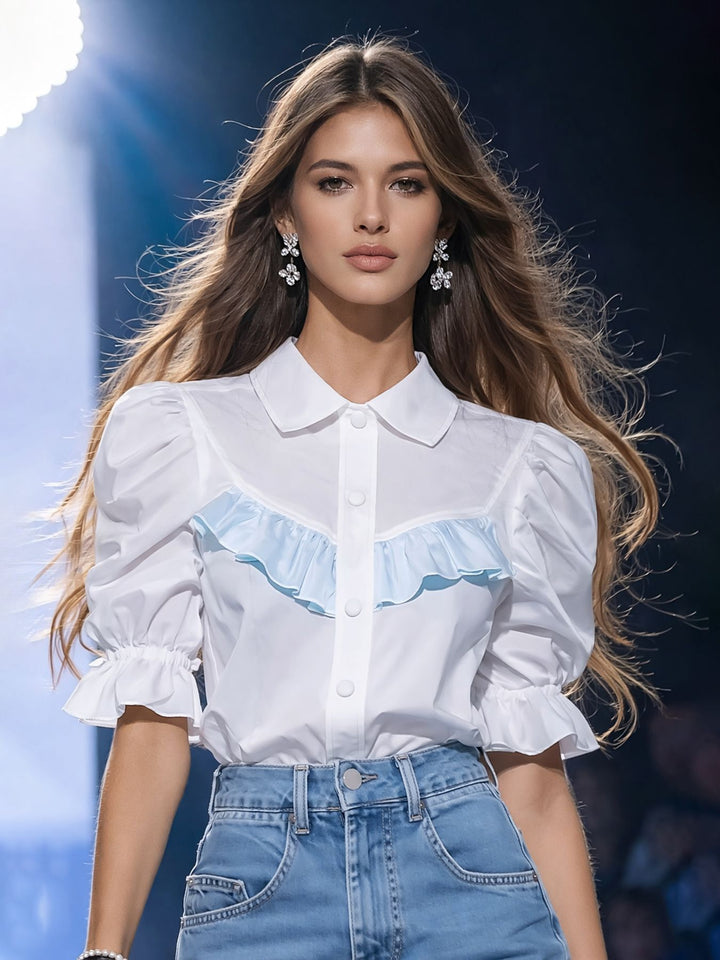 Dame Mode Bluse med ruffle detaljer og puffærmer Skovae