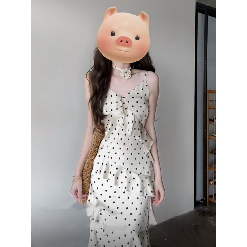 Femme Rüsch Polka Dot Spaghetti-strop Maxi-kjole Stilla
