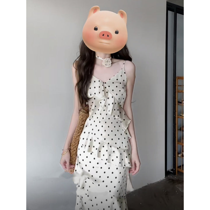 Femme Rüsch Polka Dot Spaghetti-strop Maxi-kjole Stilla