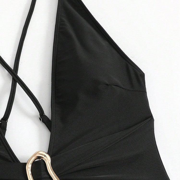 Damer Én-dels Badedragt med dyb V-hals og elegant guld-detalje