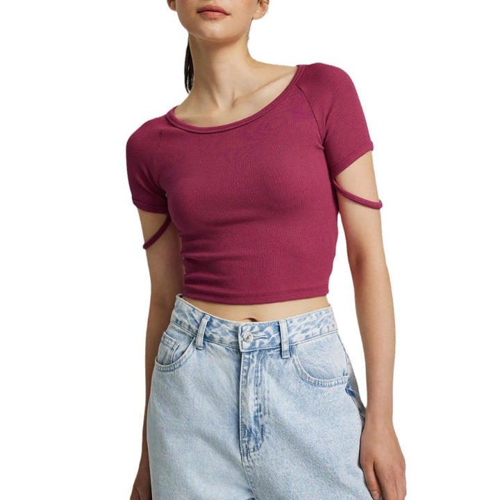 Dame kortærmet tætsiddende crop-top med rund halsudskæring Skovae