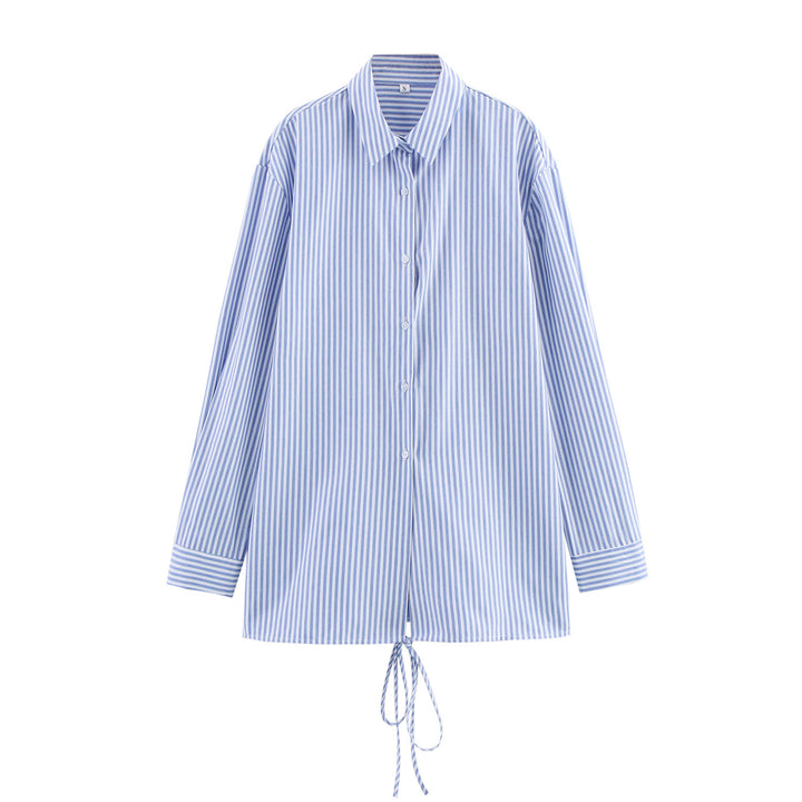 Femme Let Stribet Button-Up Skjorte med Justerbar Snøre Stilla
