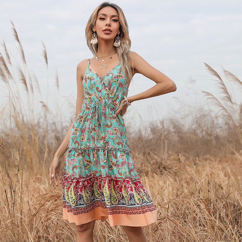 Dame Paisley print Bohemian ferie kjole med bælte Stilla