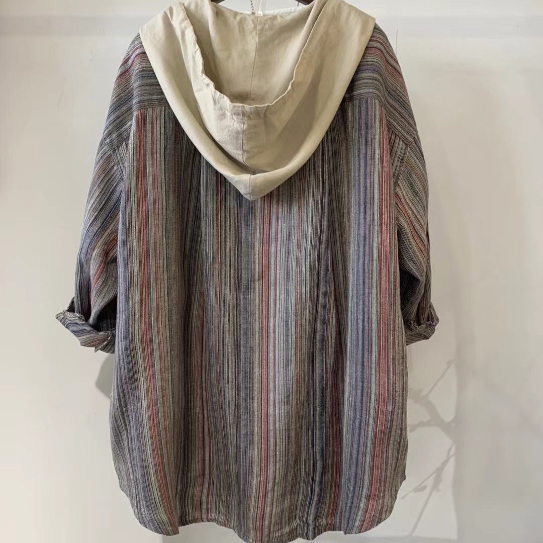 Femme Stribet Overdimensioneret Button-Up Skjorte med Hætte Stilla