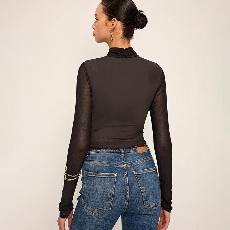 Damer Elegant wrapper top med transparent stof og lange ærmer Skovae