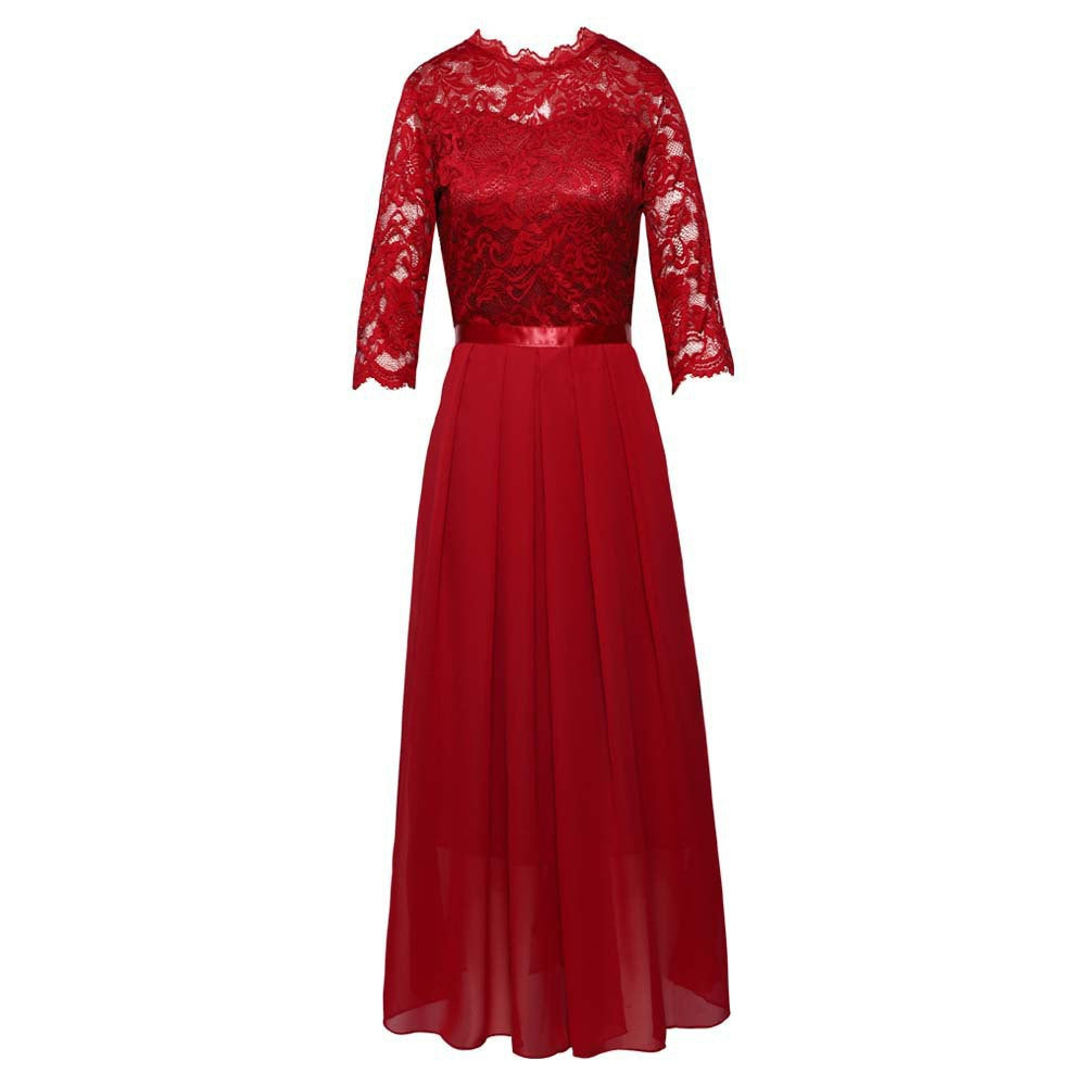 Dame Elegant Maxikjole med blondeindsats og blødt chiffon nederdel Stiila
