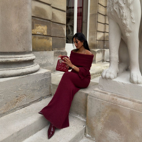 Kvinder Elegant Strikket Maxi Kjole med Off-Shoulder Design og Lange Ærmer Skovae