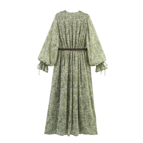 Dame Floral Rynket Maxi Kjole med Talje Snøring Stilla