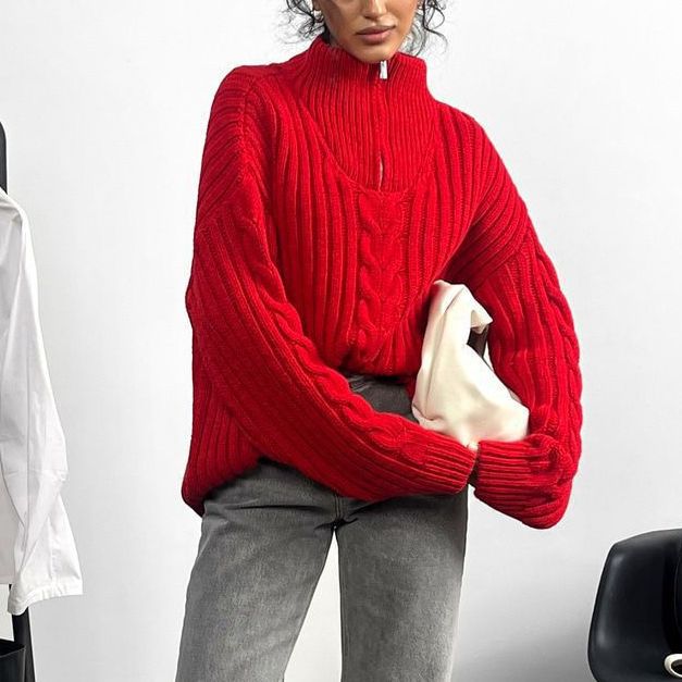 Kvinders chunky striktrøje med lynlås krave og kabeldesign Stilla