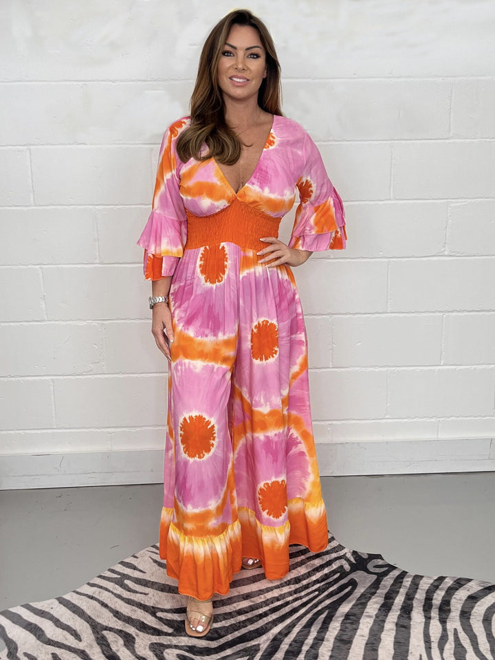 Dame Elegant Vinkle-Jumpsuit med Flæseærmer og Talje Stilla