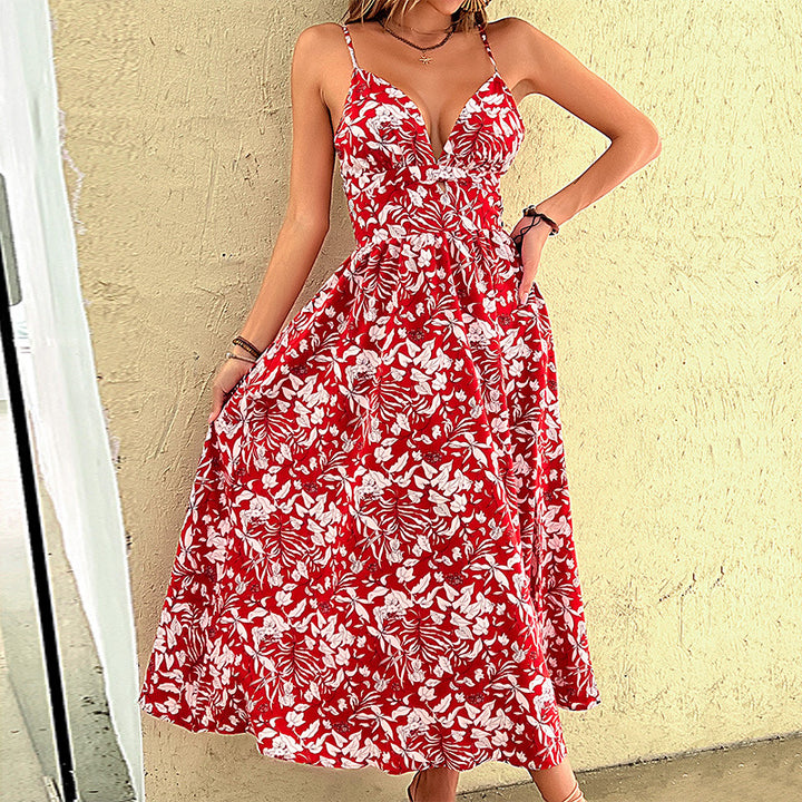 Femme Elegante Floral Print Maxi Kjole med Side split og Spaghetti stropper Stilla