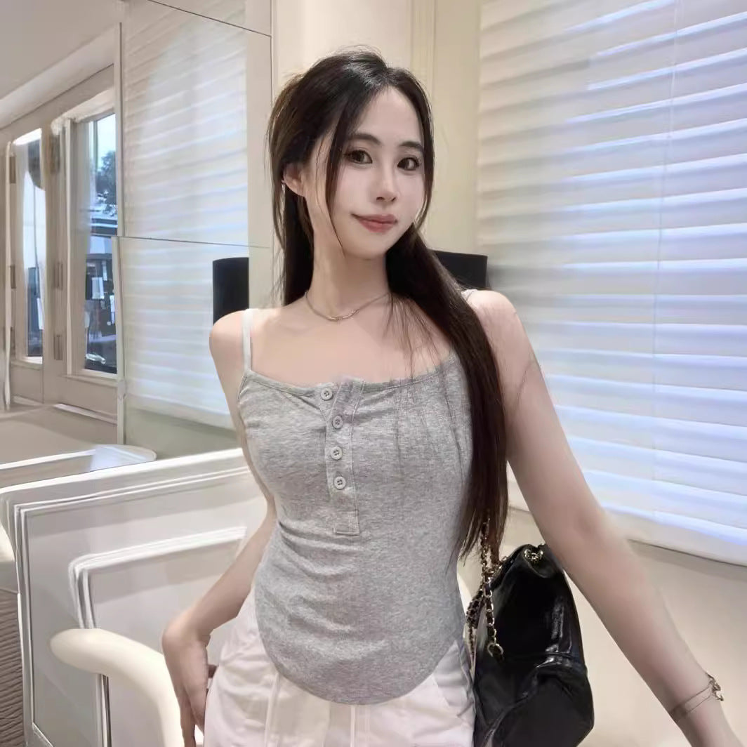 Femme Knap-Front Spaghetti-Strop Tanktop Stilla