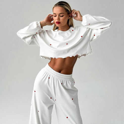 Dame afslappet Crop-Top og løstsiddende bukse sæt med hjerte-motiver Stilla