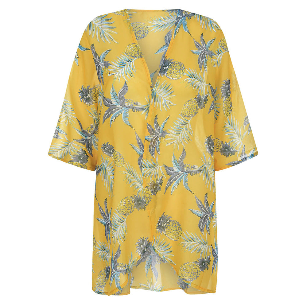 Dame Strandkimono med stilfuldt ananasprint og åbne ærmer Stilla