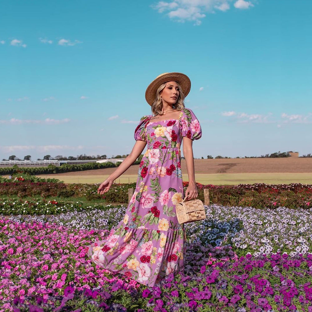 Dame Floral Maxikjole med Puffærmer og skinnende accenter Stilla