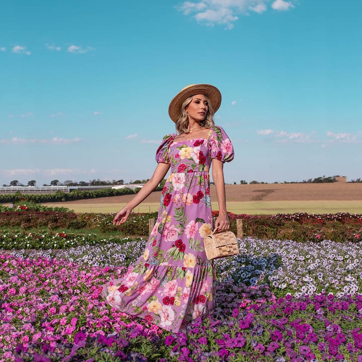 Dame Floral Maxikjole med Puffærmer og skinnende accenter Stilla