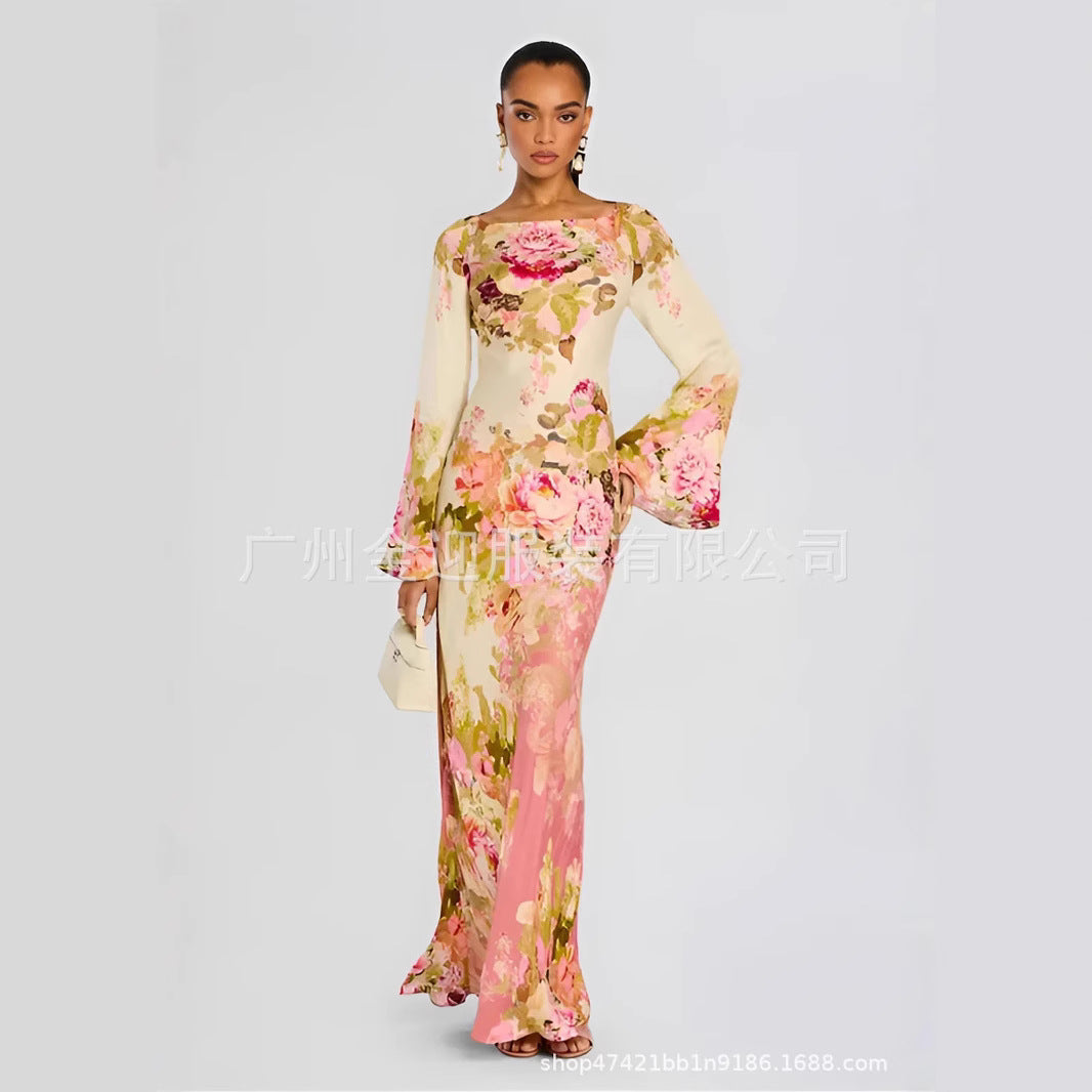 Dame elegant maxikjole med blomstret design og charmerende trompetærmer Stilla