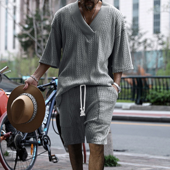 Herren casual struktur strik sæt med dyb V-udskæring boxy kortærmet sweater og snore shorts Skovae