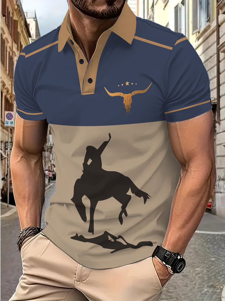Herre poloshirt med kreativt rodeo-motiv og elegante kontraster Stilla