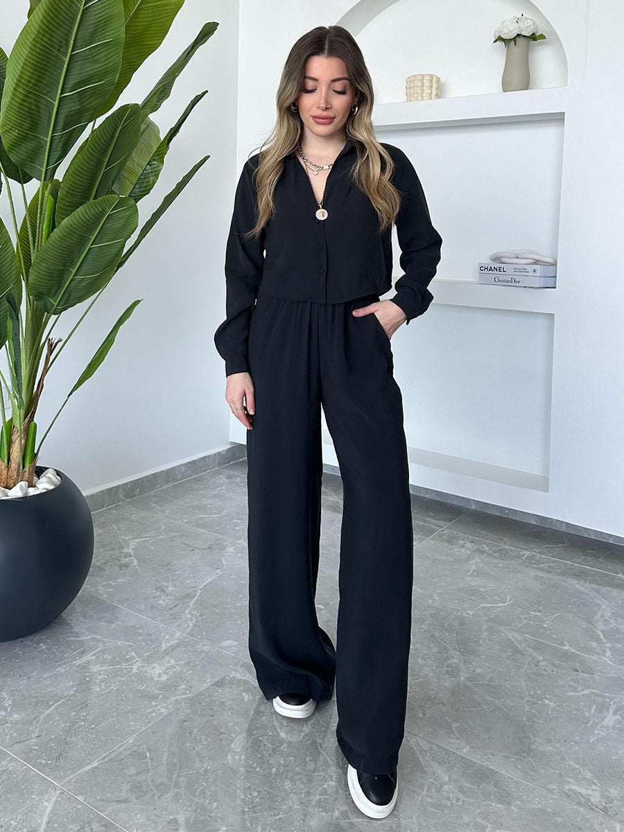 Dame Cropped Button-Up Bluse og Bred Bukser Sæt Stilla