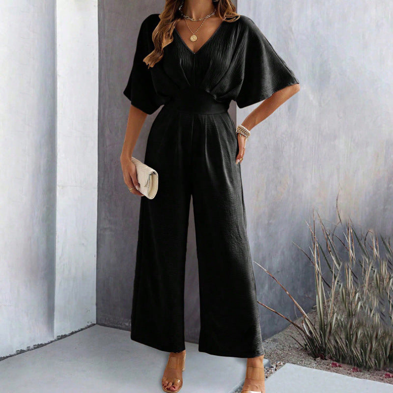 Dame Elegant Bredbenet Jumpsuit med Draperede Ærmer Stilla