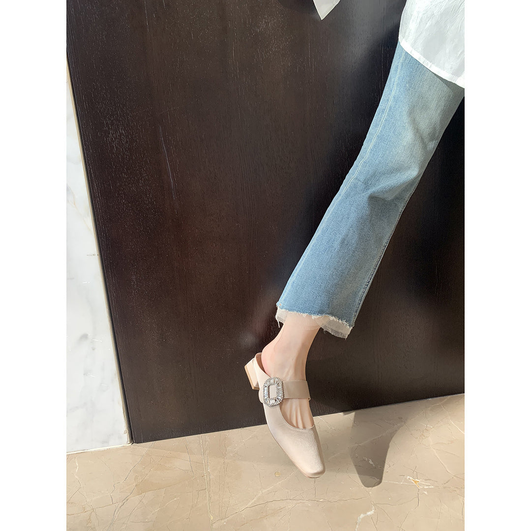 Dame Elegante Quadratåede Slingback Ballerinaer med Rhinestones Spænde Stilla