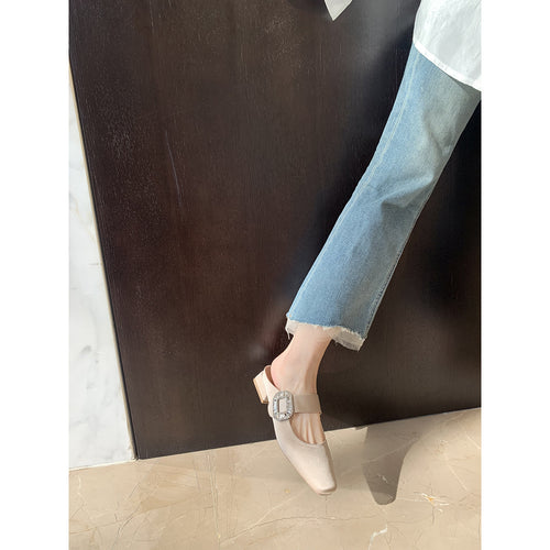 Dame Elegante Quadratåede Slingback Ballerinaer med Rhinestones Spænde Stilla