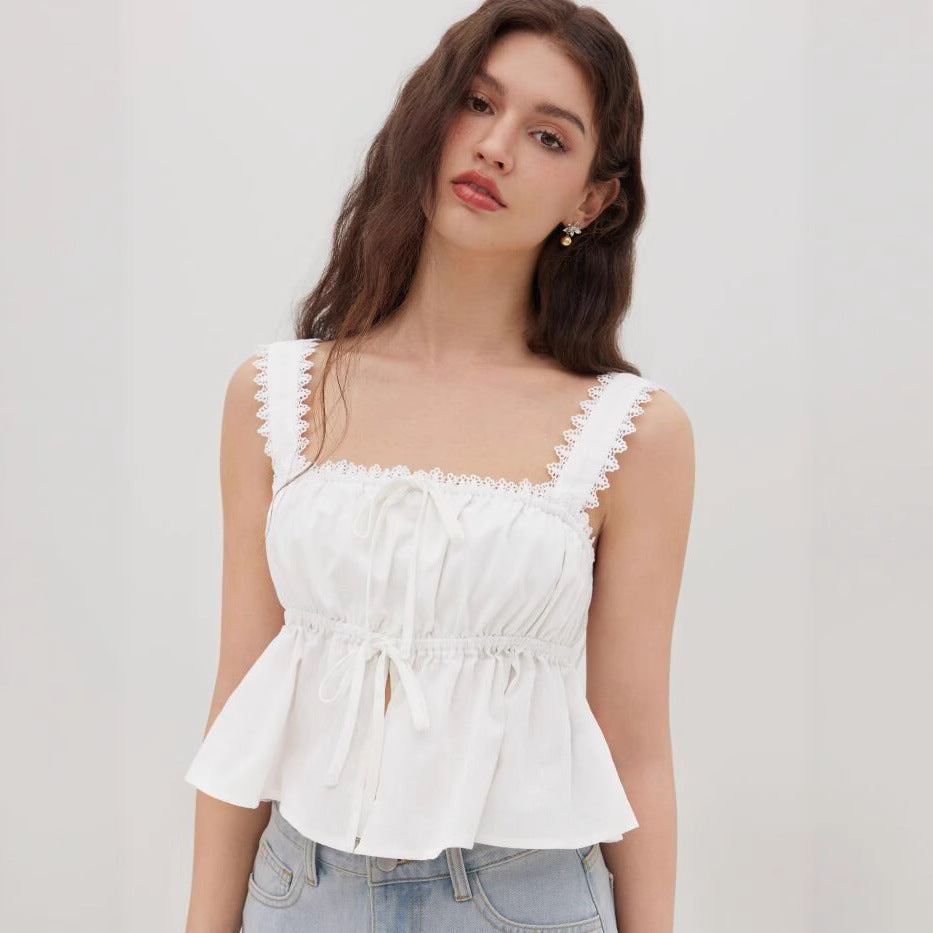 Dame luftig Crop-Top med justerbar snor og flæsedetaljer Skovae