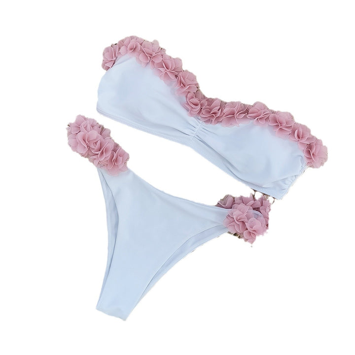 Dame bikini-sæt med blomsteret bustier-overdel og højt skåret trusser Stilla