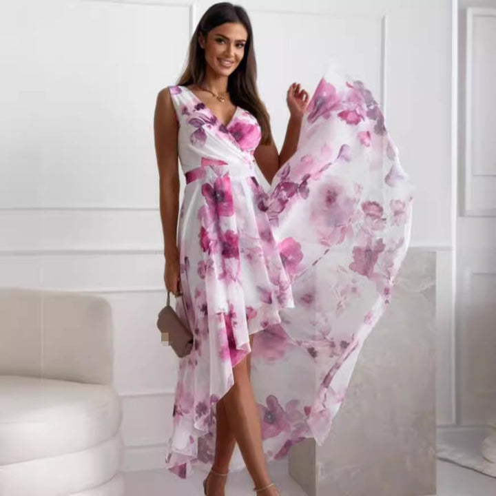 Dame Elegant Floral Maxikjole med Asymmetrisk Kant Stilla
