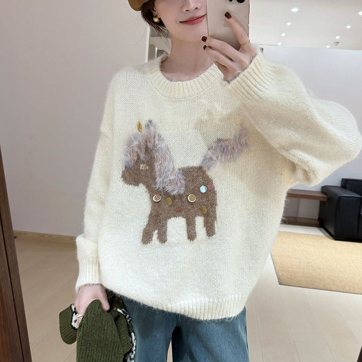 Kvinders hyggelige sweater med kreativ dyre applikation Stilla