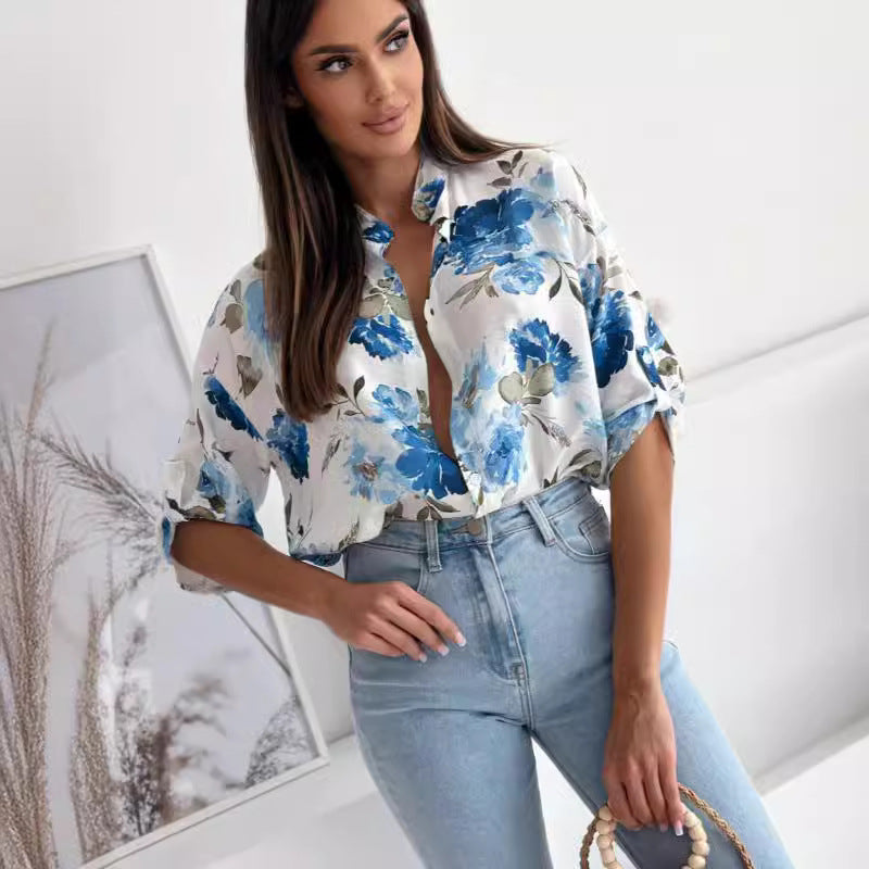 Damebluse med blomstermønster og dropped skuldre Stilla