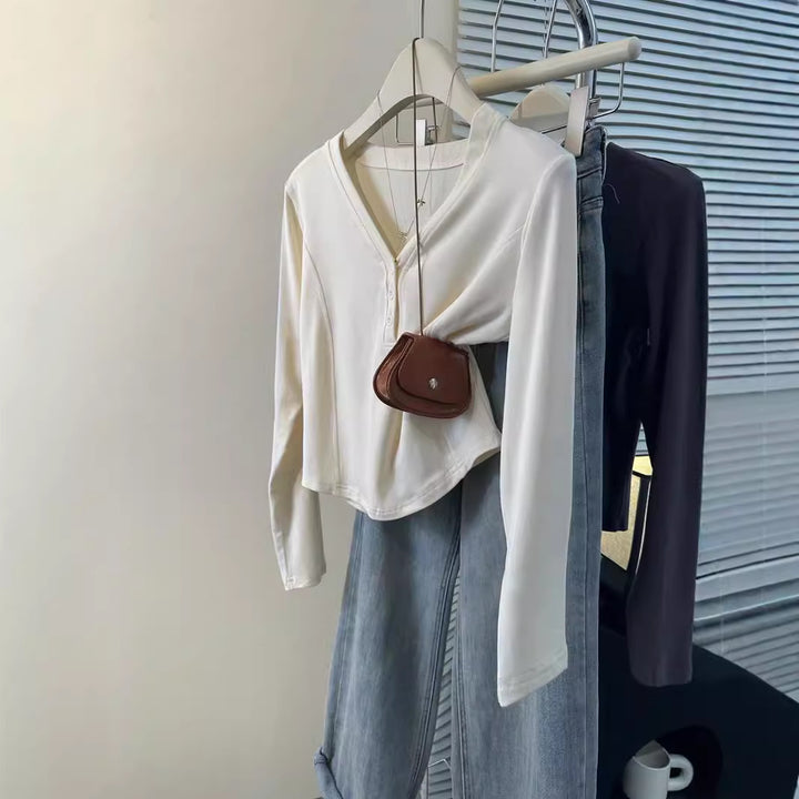 Femme Stilfuld Langærmet Knap-Henley- Top Stilla