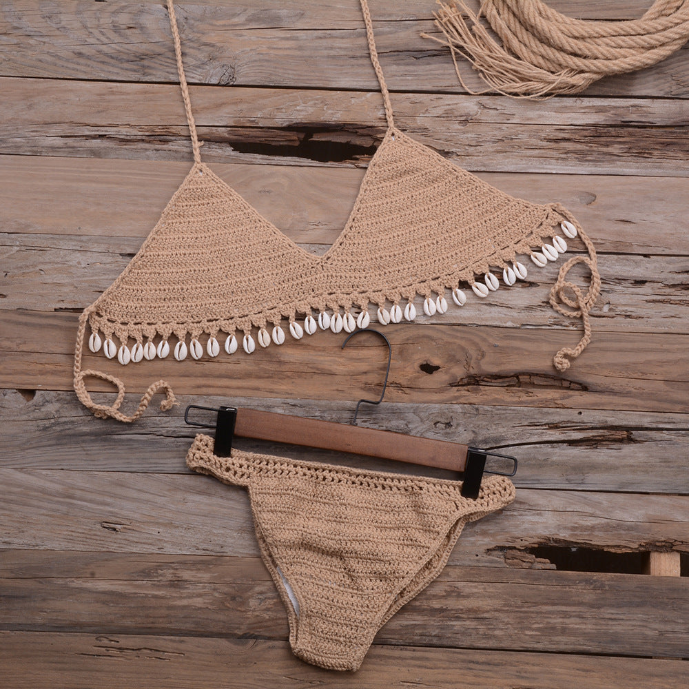 Dame hæklet bikini-sæt med muslingdekorations Stilla