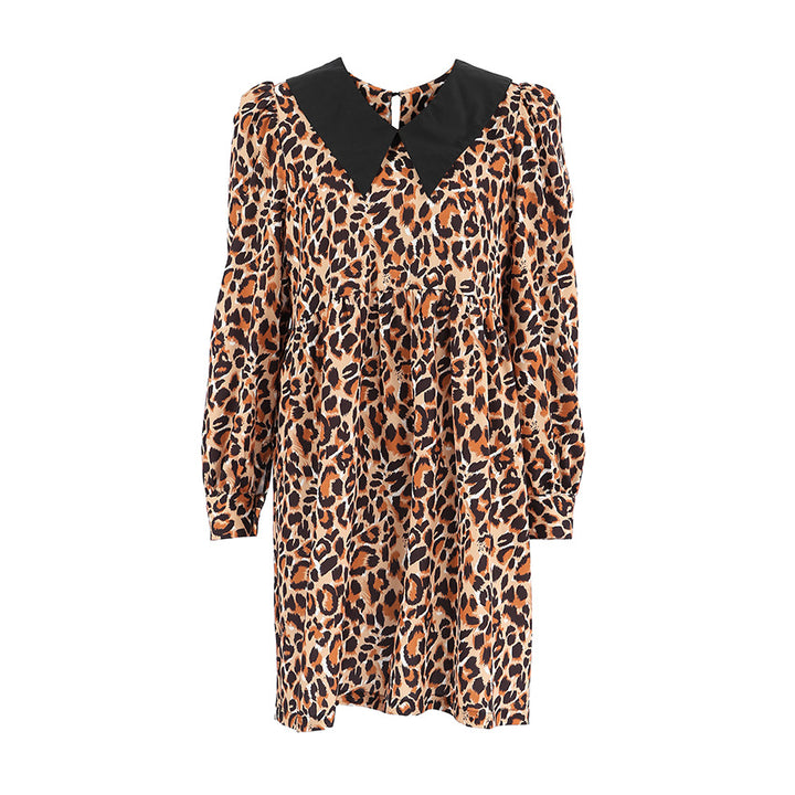 Dame Animal-Print Kjole med voluminøse ærmer og kontrasterende krave Stilla